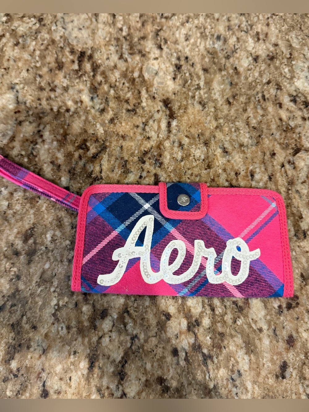 Aeropostale Aero Pink Blue Plaid Wristlet Fabric Sequin Sparkle Logo Wallet